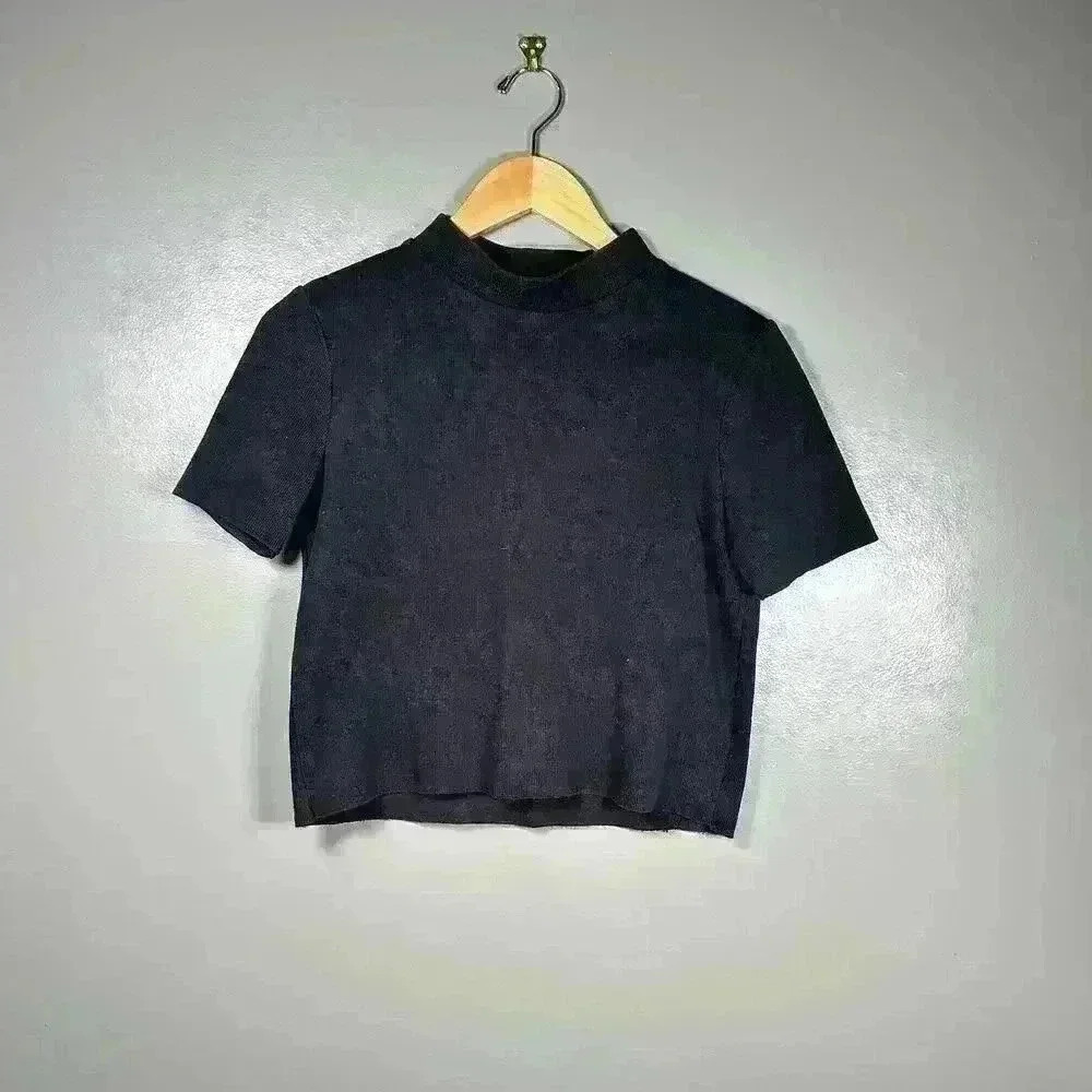 ZARA TRAFALUC Black Short Sleeve Top Stretchy Mock Neck Basic Shirt Women S